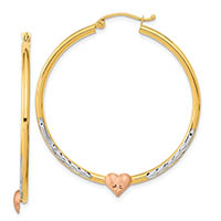 14K Gold Tri-Color Diamond-Cut Hoop Earrings with Heart (1 5/8