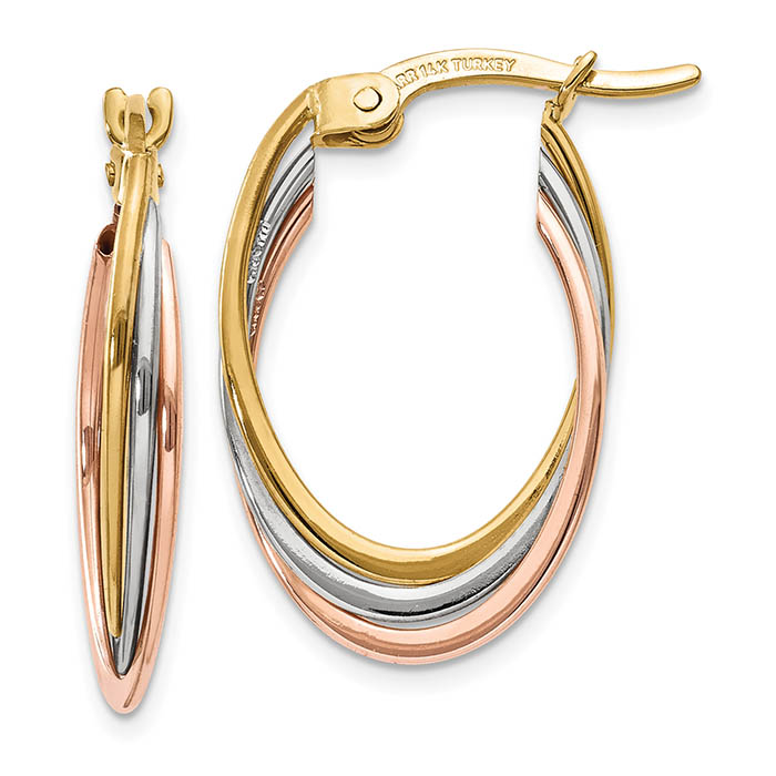 14K Tri-Color Gold Oval Hoop Earrings