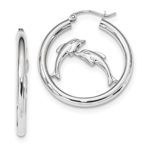 14K White Gold Dolphin Hoop Earrings