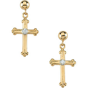 14K Two Tone Budded Cross Dangle Earrings with Diamond Accent