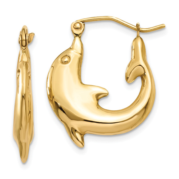 Dolphin-Shaped Hoop Earrings, 14K Gold