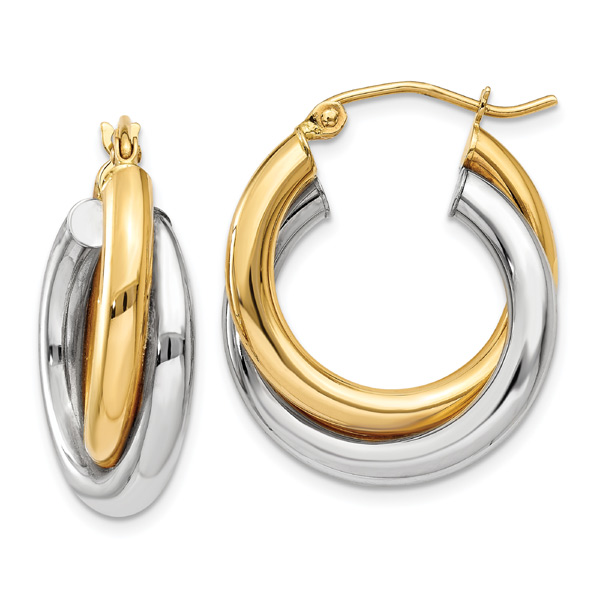 14K Two Tone Gold Fancy Hollow Hoop Hinged Earrings Ioka 