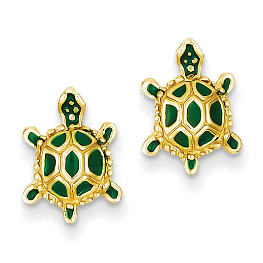 Enameled Green Turtle Stud Earrings, 14K Gold