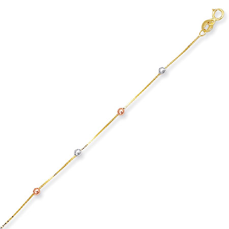 Tri-Color Beaded Anklet Chain in 14K Gold