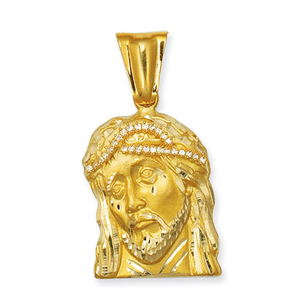 14K Gold Suffering Christ Head Pendant with CZ Crown of Thorns