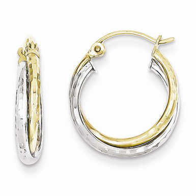 10K Yellow and White Gold Textured Twist Hoop Earrings