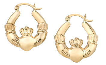 Claddagh Hoop Earrings, 14K Yellow Gold