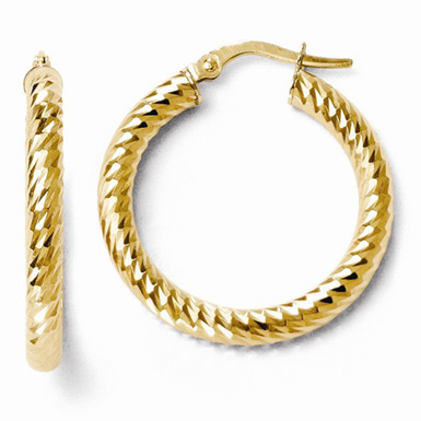 Diamond Cut Rope Design Hoop Earrings in 14K Yellow Gold