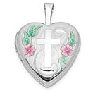 14K White Gold Heart Cross Locket Pendant with Floral Enamel