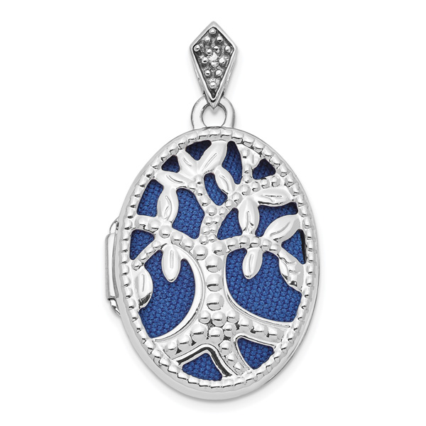 14K White Gold Oval Tree Locket Necklace with Blue Fabric