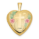 Heart Cross Locket Pendant in 14K Gold with Flower Enamel