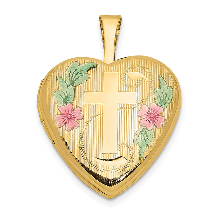 Heart Cross Locket Pendant in 14K Gold with Flower Enamel