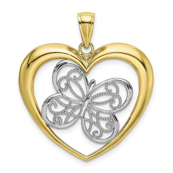10K Gold Two-Tone Beaded Butterfly Heart Pendant