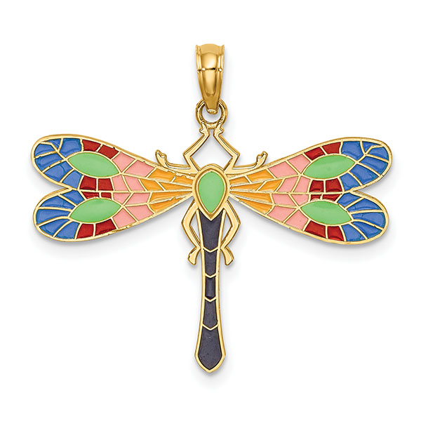 14k gold colorful enameled dragonfly pendant