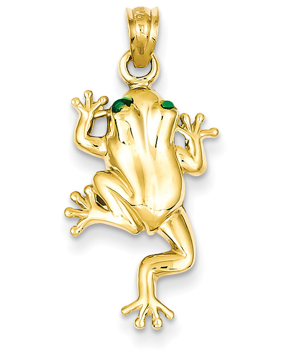 14K Gold Frog Pendant with Green Enamel Eyes