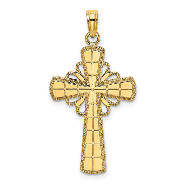 14k gold women's grid pattern cross pendant with halo