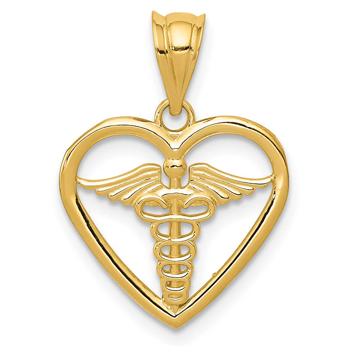 caduceus heart medical pendant 14k gold