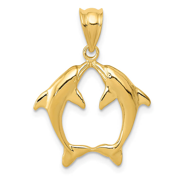 Kissing Dolphins Pendant, 14K Gold