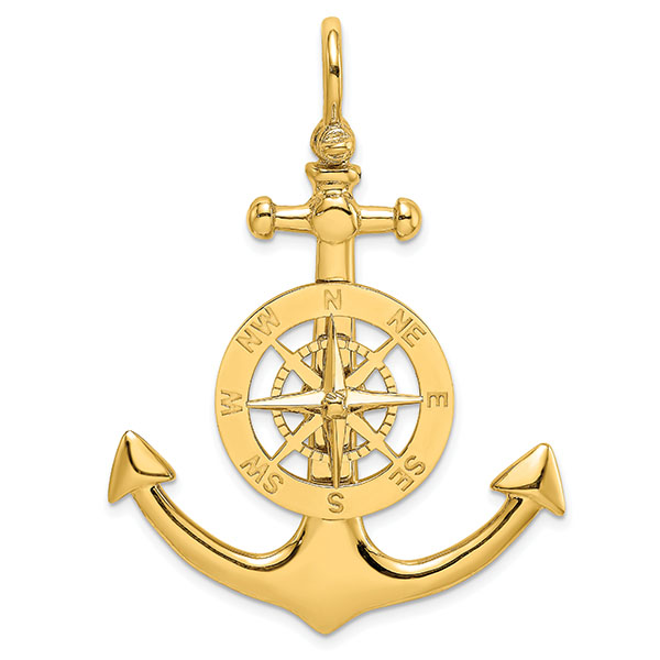 large 14k gold nautical anchor pendant with compass