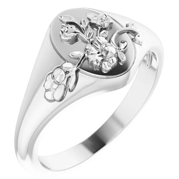14k white gold women's floral oval signet ring