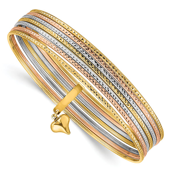 14K Tri-Color Gold 7 Slip-On Bangles with Heart Charm