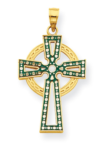 Irish Green Celtic Cross Pendant, 14K Gold