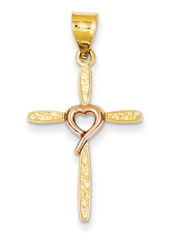 14K Two-Tone Gold Heart and Cross Pendant
