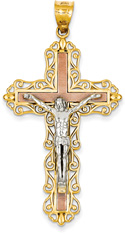 Large Adorned Crucifix Pendant with Heart Accents in 14K Tri-Color Gold