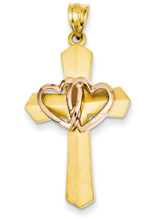 Two Hearts Cross Pendant in 14K Rose and Yellow Gold