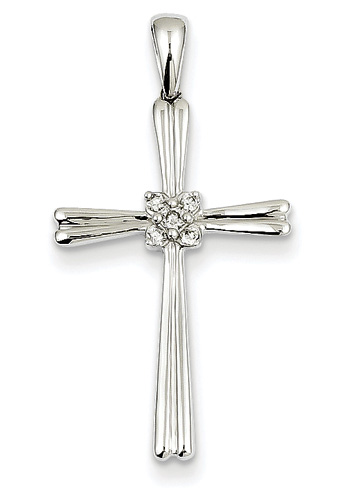 Diamond Flower Cross Necklace, 14K White Gold