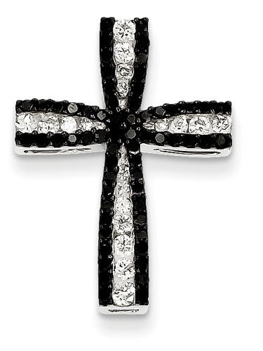 Black and White Diamond Cross Pendant, 14K White Gold