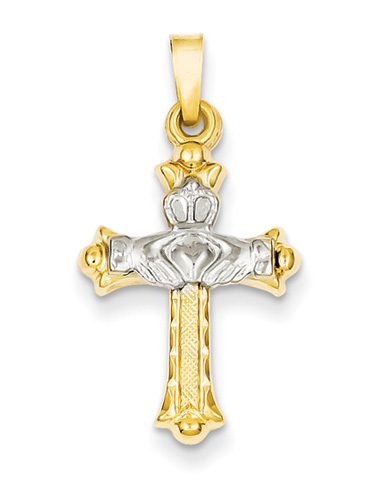Celtic Claddagh Cross Pendant, 14K Two Tone Gold