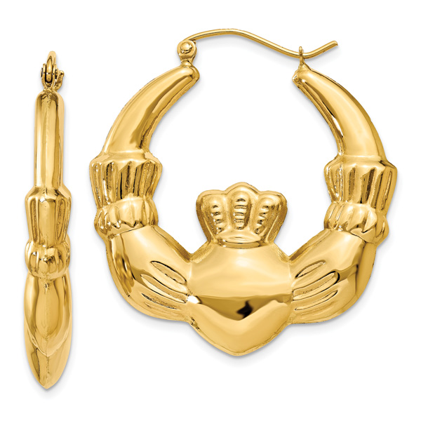 1-Inch Claddagh Hoop Earrings in 14K Yellow Gold