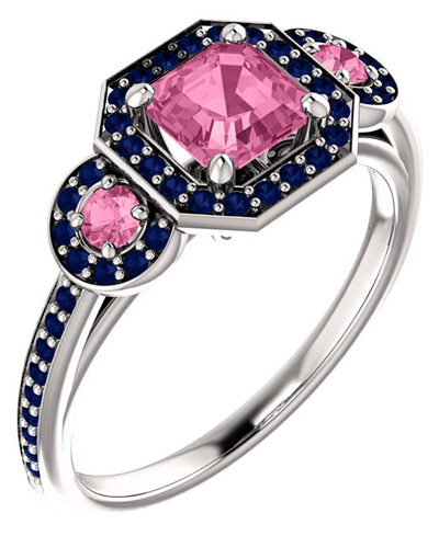 Pink and Blue Sapphire Three Stone Ring in 14K White Gold