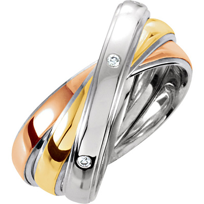Tri-Tone Sterling Silver and 10K Gold Intertwined Wedding Band Ring with Diamond