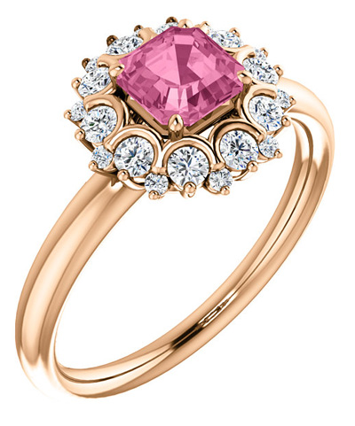 14K Rose Gold Asscher-Cut Pink Sapphire and Diamond Cluster Ring