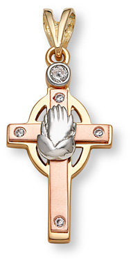 14k Solid Gold Tri-Color Cross with Praying Hands