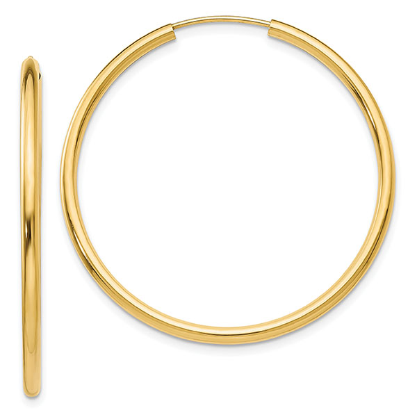 1 1/2 Inch 14K Gold Plain Hoop Earrings (2mm Thick)