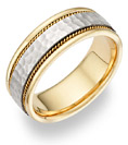 14k two-tone gold rugged hammered wedding band ring
