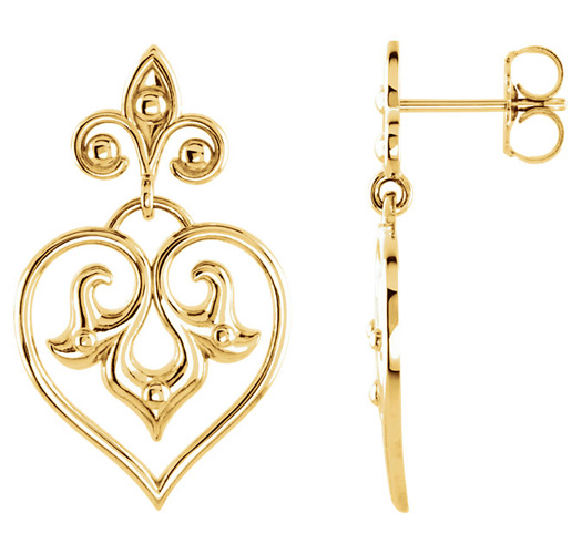 Decorative Heart Dangle Earrings in 14K Gold