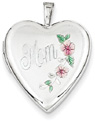 14K White Gold Mom Heart Locket with Enameled Flowers