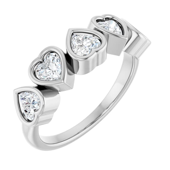 5-Stone Heart-Shaped White Sapphire Gemstone Ring 14K White Gold