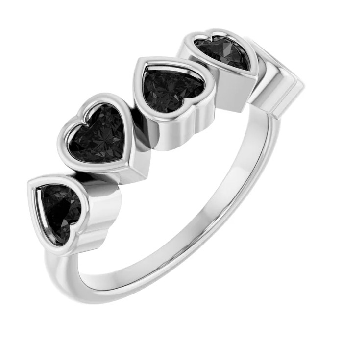 Five-Stone Heart-Shaped Black Gemstone Ring 14K White Gold