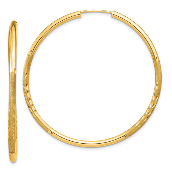 Large 1 5/8 Inch Satin Diamond-Cut Endless Hoop Earrings in 14K Gold