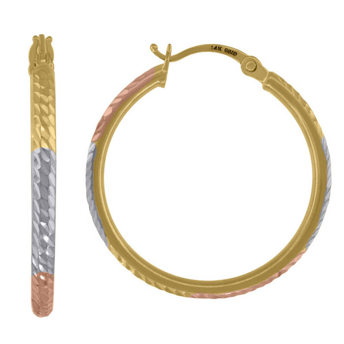 1 inch 14k tri-color gold hammered hoop earrings
