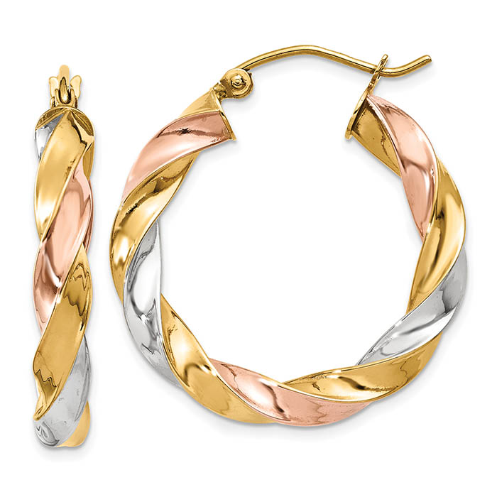 1-inch 14k tri-color gold twisted hoop earrings