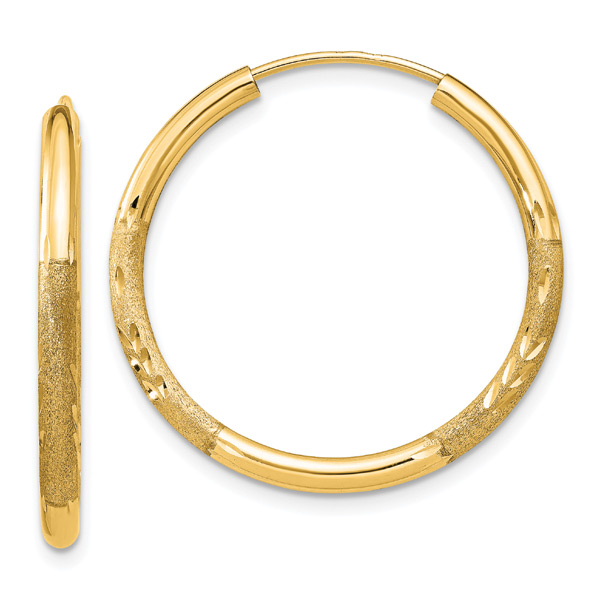 FB Jewels Solid 14K Yellow Gold Polished Satin and Diamond-cut Hoop Earrings