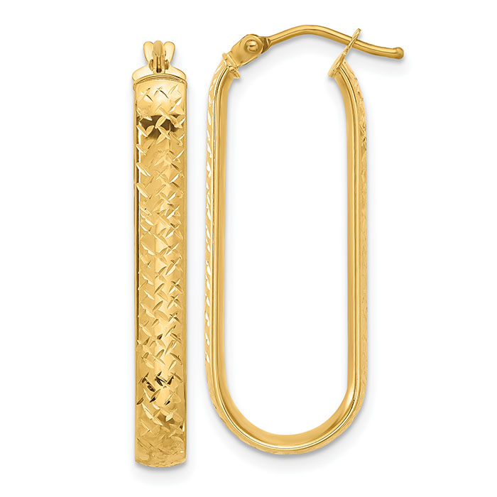 Italian Long Oval Diamond-Cut Hoop Earrings 10K Gold
