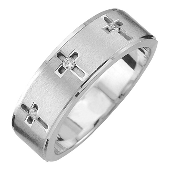 Sterling Silver Men's Three Cross Diamond Wedding Band Ring