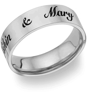 Antiqued 14K White Gold Personalized Wedding Band Ring with Script Fon